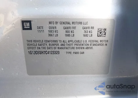 2012 Chevrolet Sonic 2Lt z USA, uszkodzony, nr VIN 1G1JC6SH7C4123320